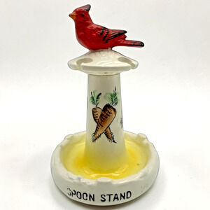 Vintage Ceramic Spoon Stand Cardinal Bird Japan Upright Rest Hanger Kitschy 6.5"